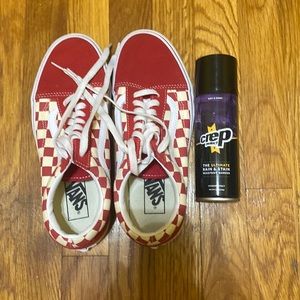 Red and white checkered vans with resistance spray